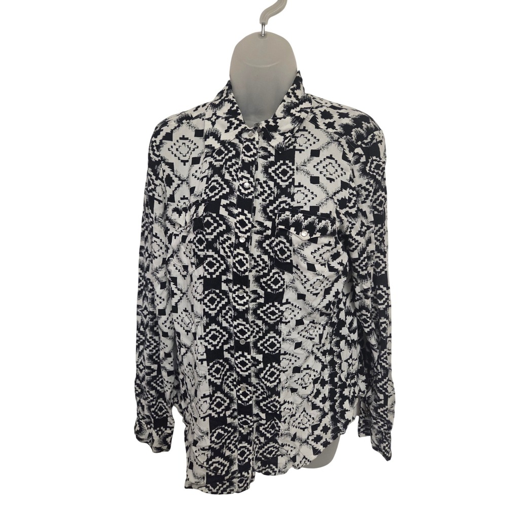 Roper Womens Black White Aztec Geometric Western Pearl Snap Button Down Shirt